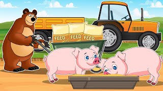 Bear Farmer Transports and Feeds Pigs  Trucks Trailers Cranes  Vehicles Farm Animated [upl. by Sells]