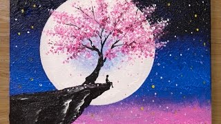 Cherry Blossom under Moonlight  Acrylic Painting Technique 459 [upl. by Milka746]