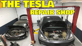 Inside The Electrified Garage A third party Tesla repair shop [upl. by Ahsille]