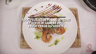 Recette 11000 feuilles de pomme de terre et queue de gambas avec sauce vierge à lassiette [upl. by Ylsel]