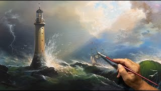 quotStorm at seaquot Seascape lighthouse ship how to paint Easy Art Урок рисования Acrylic Painting [upl. by Kirbie]