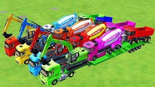 TRANSPORTING EXCAVATOR BUS MIXER TRUCK POLICE CARS AMBULANCE FIRE TRUCK DUMP TRUCKS  FS22 [upl. by Dwight]