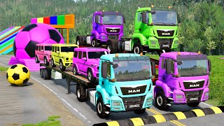 Double Flatbed Trailer Truck vs Speedbumps Train vs Cars Tractor vs Train Beamng Drive 088 [upl. by Lanae]