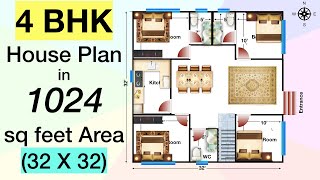 4 BHK House Plan in 1024 sq feet Area  32 X 32 House Plan  32 X 32 Ghar Ka Naksha [upl. by Embry880]