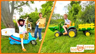 Farm fresh pizza with kids ride on tractor motorcycle cooking and delivery Educational  Kid Crew [upl. by Jacquelin]