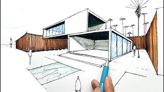 Como dibujar una CASA MINIMALISTA con perspectiva a DOS PUNTOS DE FUGA [upl. by Tigdirb]