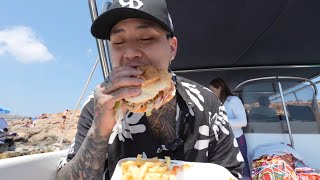 Mukbang eating burger from an Island on a boat EUOROPE [upl. by Ivek]