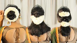 Easy traditional saree hairstyle with Jasmine flower  Hairstyle for short hair  Preity Neereekshan [upl. by Valerle]