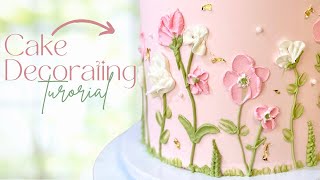 Painted Buttercream Flower Cake Tutorial Piping tips amp palette knife painting 💐 [upl. by Ahsirek]