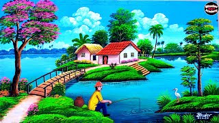 Beautiful Indian Village Scenery DrawingEasy Indian Village Scenery With WatercolorScenery Drawing [upl. by Suryt]