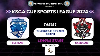 T1  SULTANS vs SAMURAIS  211124  LEAGUE STAGE  KSCA CUE SPORTS LEAGUE 2024 [upl. by Thorndike]