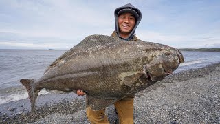 Alaska Shore Fishing For GIANT Halibut CATCH CLEAN COOK [upl. by Sinylg]