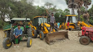 JCB 3dx goes to loading Mahindra and John Deere tractor and Eicher lorry from Lake [upl. by Adnorahs20]