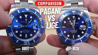 LUXURY BLUE DIVER HOMAGE WATCH COMPARISON  LIGE DESIGN 6801 VS PAGANI DESIGN PD1639 [upl. by Adnahsor]