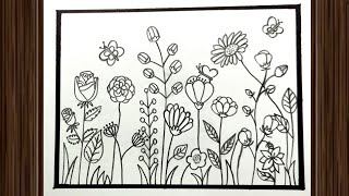 Flower Garden Landscape Drawing  Garden Scenery Drawing  Butterfly in the Garden Drawing [upl. by Zingale]