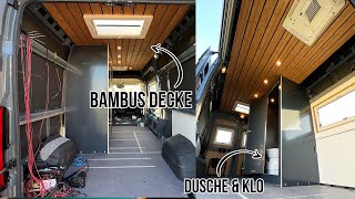 🚐 Decke mit Leichtbauholz in Bambus Optik verkleiden und Duschkabine im Fiat Ducato Campervan bauen [upl. by Clellan]