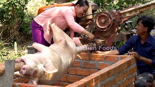 Roast Whole BIG SPICY PIG 100KG with Power Tiller Machine Tractor  BBQ Spicy Foods [upl. by Kenelm738]