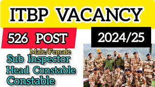 ITBP VACANCY 526  Government of India 526 Post  202425  Sub Inspector Head Constable ITBP [upl. by Storer]