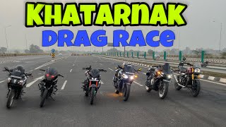 Drag Race Bajaj NS 200 BS7 Vs RS 200 BS4 Vs 220 F BS4 Vs Triumph 400 [upl. by Nawor]