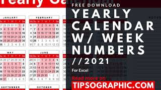 2021 Yearly Calendar Template with Week Numbers for Excel ► Free Download [upl. by Eleph]