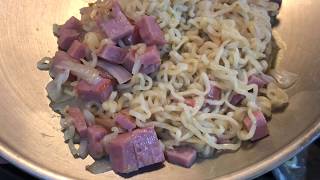 Fried Ramen Noodles Stirfried with Onions Garlic and Spam [upl. by Ainehta]