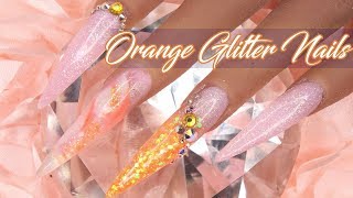 Acrylic Nails Tutorial  How To Encapsulated Nails Orange Glitter and Marble with Nail forms [upl. by Prakash]