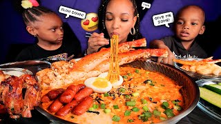 CHEESY 2X SPICY KING CRAB amp BULDAK CARBONARA SPICY NOODLES MUKBANG  QUEEN BEAST with BABY ELIJAH [upl. by Noirrad]