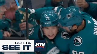 Gotta See It Sharks Celebrini scores First NHL Goal In Style with SpinORama [upl. by Enialem]