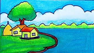 Easy Landscape Drawing  Easy Drawing for Beginners  Oil Pastel Drawing [upl. by Lavinie]