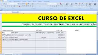 Curso de EXCEL Controle de conta corrente bancária com planilha Movimentação bancária com saldo [upl. by Ytirev]