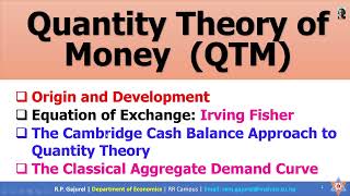 Quantity Theory of Money Equation of Exchange Fisher Cambridge Cash Balance Derivation of AD [upl. by Dikmen402]