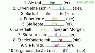 Pronomen Nominativ Akkusativ Dativ traf ihn verliebte sich lud ihn ein berührte sie liebte [upl. by Ecyla]