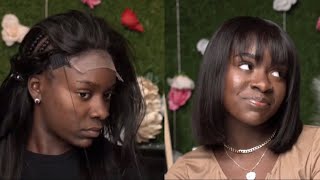 HOW TO DO A  CLOSURE SEWIN BLUNT CUT BOB WITH FRINGE BANGS  QUICK amp EASY [upl. by Temirf41]