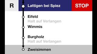 BLS Ansagen  Regio Lötschberger Spiez – Wimmis – OeyDiemtigen – Erlenbach – Boltigen – Zweisimmen [upl. by Buna]