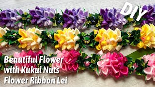 How To Make This Purple Flower with Kukui Nuts Flower Ribbon Lei [upl. by Cantlon]