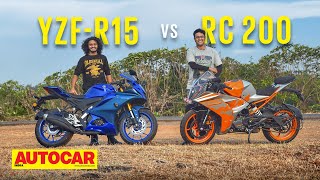 Yamaha R15 V4 vs KTM RC 200  Which should be your first sport bike  Comparison Autocar India [upl. by Ylrebmic]