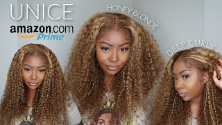 Amazon Prime Wig 😍  Honey Blonde Deep Curly Put On and Go Wig Install  Unice Hair [upl. by Ailin]