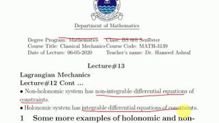 Lecture 13 Classical Mechanics Examples of holonomic and nonholonomic constraints [upl. by Davison51]