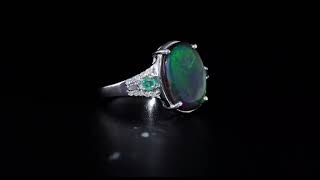 Oval Ammolite Emerald amp Diamond Ring In Rhodium over Sterling Silver [upl. by Brett]