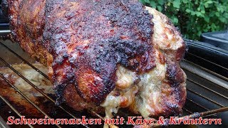 232 Schweinenacken bzw Halsgrat als Rollbraten mit Käse amp Kräutern gefüllt vom Holzkohlegrill [upl. by Gilletta]