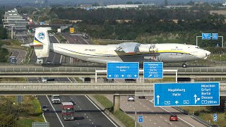 ANTONOV AN22 crossing the MOTORWAY  The biggest Propeller Plane worldwide  DEPARTURE  LANDING [upl. by Anneg627]