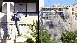 Moment Israeli bomb hits Lebanon building in major airstrike [upl. by Rambow742]