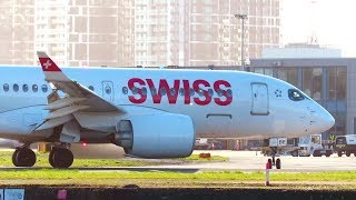 SWISS A220100 COOL SHORT Landing at London City Airport  HBJBE [upl. by Akinajnat]