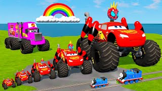 Spider Man on Big amp Small Mcqueen Monster Truck vs Thomas Train Monster Truck  BeamNGDrive [upl. by Alvera146]