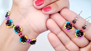 Flower Beaded Bracelet With EarringsJewelry Making For BeginnersEasy String BraceletPSBeading [upl. by Ibed]