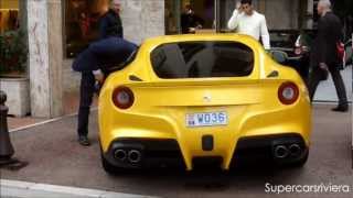 Yellow Ferrari F12 Berlinetta  startup amp driving in Monaco [upl. by Eey]