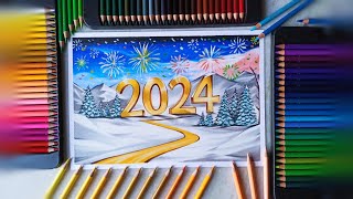 Happy new year 2024 drawing with brustro coloured pencils  drawing and arts uday [upl. by Notsgnal]