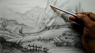 How to Draw Village Landscape With Pencil  Pencil Art [upl. by Alor688]