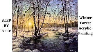 Winter Forest STEP By STEP Acrylic Painting [upl. by Laehctim401]