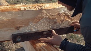 How To Build A Log Cabin  Simple Straight Lap Notch From Hewn Logs [upl. by Gunas]